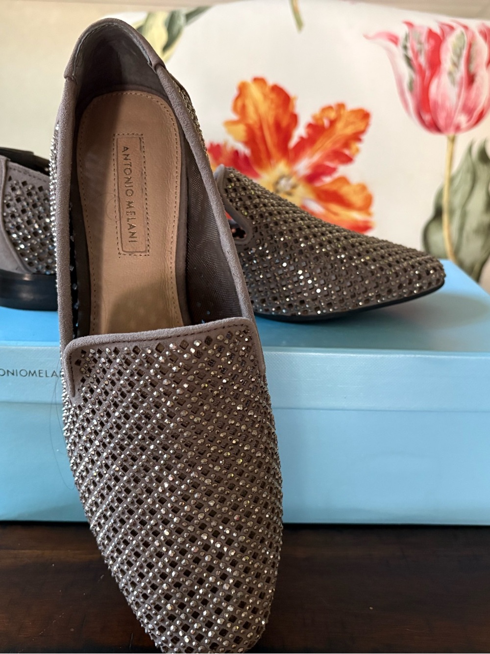 ANTONIO MELANI Taupe Crystal-Studded Pointed Loafers